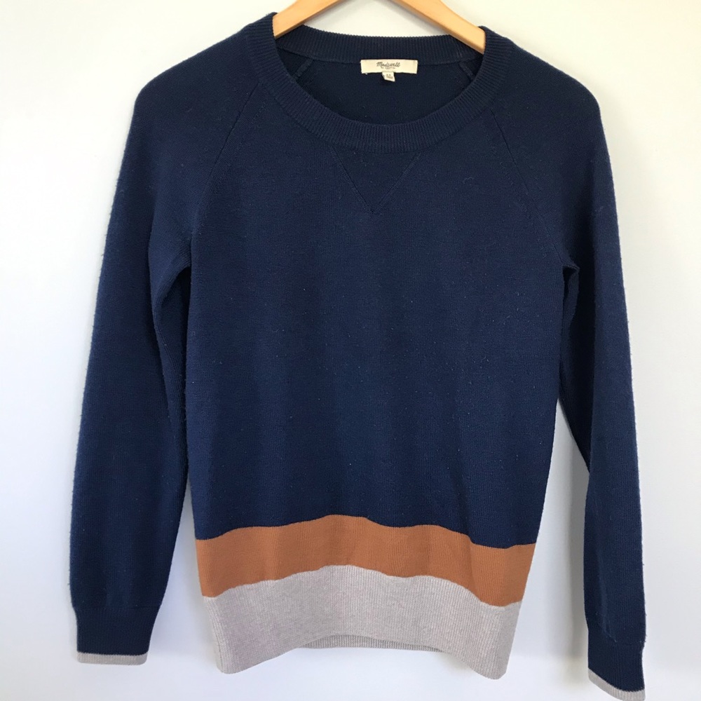 Madewell Sweater Womens Extra Small Blue Tan Gray Stripe Merino Wool Crew Neck